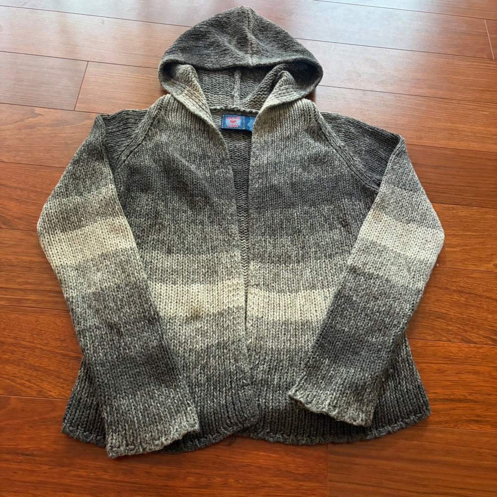 Vintage Next Era Wool Ramie Ombre Y2K Chunky Knit Hooded Cardigan Sweater Grey M